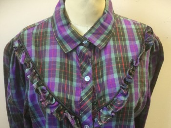 MAGGIE SWEET, Multi-color, Purple, Teal Green, Black, Red, Polyester, Cotton, Plaid, Button Front, Long Sleeves, Collar Attached, Yoke with Ruffle & Piping,