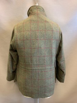 Mens, Casual Jacket, PURDEY, Olive Green, Brick Red, Wool, Plaid, L, Stand Collar, Higher Collar at Back, Zip Front, & Button Front, 2 Large Pockets with Snap Button, Pockets on Lining, Straps on Inner Side of Jacket, Straps Start at Loop on Back of Neck