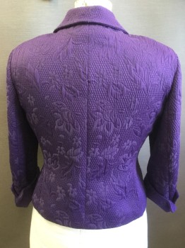 NIPON BOUTIQUE, Royal Purple, Polyester, Cotton, Solid, Floral, Single Breasted, 2 Purple Rhinestone Buttons,  Notched Lapel, 2 Pockets, Quilted Floral Motif