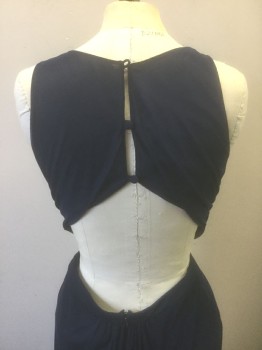 LA FEMME, Navy Blue, Polyester, Spandex, Solid, Sheer Stretchy Net Over Opaque Under-Layer, Sleeveless, Round Neck, Sheer Bust with Padded Strapless Underneath, Gathered at Front Bust and Waist,  Open at Back Waist, Floor Length **TV Alts - Taken in at Sides