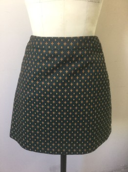 Womens, Skirt, Mini, CHELSEA, Forest Green, Goldenrod Yellow, Black, Polyester, Geometric, XS, Black with Forest Green and Goldenrod Ornate Patterned Brocade, 1.5" Wide Self Waistband, Silver Zipper at Center Back, Hem Mini