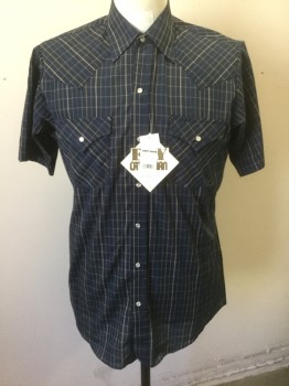 Mens, Western, ELY CATTLEMAN, Navy Blue, Olive Green, Off White, Beige, Poly/Cotton, Plaid-  Windowpane, M, Dark Navy with Olive/Off White/Beige Windowpane, Short Sleeves, Snap Front, Collar Attached, Light Gray/Silver Snaps, 2 Pockets with Snap Closures, Western Style Yoke