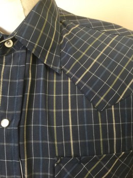 ELY CATTLEMAN, Navy Blue, Olive Green, Off White, Beige, Poly/Cotton, Plaid-  Windowpane, Dark Navy with Olive/Off White/Beige Windowpane, Short Sleeves, Snap Front, Collar Attached, Light Gray/Silver Snaps, 2 Pockets with Snap Closures, Western Style Yoke