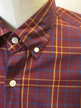 J.CREW, Maroon Red, Black, Goldenrod Yellow, Cotton, Plaid-  Windowpane, Maroon with Blue and Goldenrod Yellow Windowpane Lines, Long Sleeve Button Front, Collar Attached, Button Down Collar, 1 Pocket