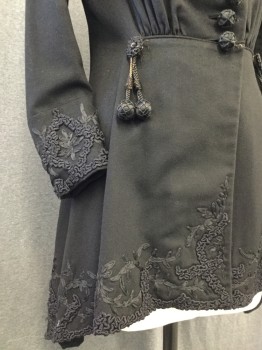 N/L, Black, Wool, Solid, Upper Class Blazer. Fitted Through Waist, Large Round Buttons with Crochet Detail, Tassel Trim at Waist Front, Embroiderred Lace Trim at Cuff and Hemline, Center Back Waist, High Crew Neck in Need of Repair See Photo Close Up,