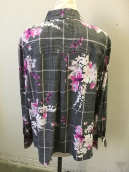 DKNY, Black, White, Pink, Magenta Purple, Fuchsia Pink, Polyester, Plaid, Floral, Black and White Plaid with Light Pink Grid Overlay, Floral Overlay, Button Front, Hidden Placket, Collar Attached, Long Sleeves, Cuffs