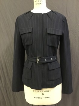 Womens, Blazer, MICHAEL KORS, Navy Blue, Brown, Wool, Lycra, Stripes - Pin, 4, Crew Neck, Hidden Whopper Popper Closures at Center Front, Darted Detail at Neckline.4 Patch Pockets with Flaps, Self Belt with Silver Buckle. Belt Very Long for Jacket