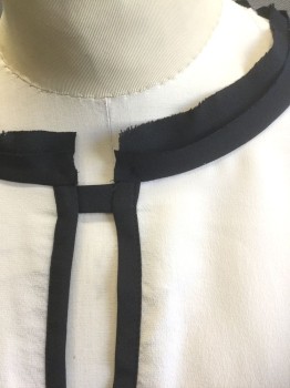 REISS, Cream, Black, Silk, Solid, Cream with Black Trim at Round Neck, Vertical Line Down Center Front and Back, at Shoulder Seams, and Cuffs. Pullover, Keyhole at Neck, 1 Self Fabric Covered Button at Center Back Neck