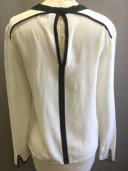 REISS, Cream, Black, Silk, Solid, Cream with Black Trim at Round Neck, Vertical Line Down Center Front and Back, at Shoulder Seams, and Cuffs. Pullover, Keyhole at Neck, 1 Self Fabric Covered Button at Center Back Neck