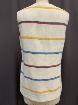 TORY BURCH, Cream, Navy Blue, Yellow, Red, Sky Blue, Linen, Cotton, Floral, Stripes - Horizontal , Self Embroidery, Sleeveless, Plunge Deep V Neck, Slitted Side Seams,Tent Hem,