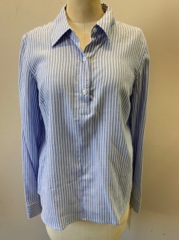 JONES NY, Blue, White, Cotton, Stripes - Vertical , Long Sleeves, Pullover, Button Front Placket, Collar Attached,