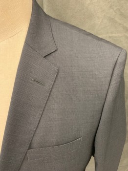 HUGO BOSS, Charcoal Gray, Wool, Birds Eye Weave, Single Breasted, Collar Attached, Notched Lapel, Hand Picked Collar/Lapel, 3 Pockets