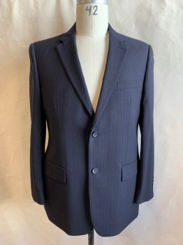 JOS A. FEISS, Midnight Blue, White, Wool, Stripes - Pin, Single Breasted, Collar Attached, Notched Lapel, 2 Buttons,  3 Pockets