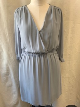 Womens, Dress, Long & 3/4 Sleeve, H&M, Blue-Gray, Polyester, Solid, 14, V-neck, Cross Over Front, 1 Button, Gathered at Waist, Sheer Long Sleeves with Tie String at Cuffs, Knee Length Hem