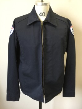Mens, Fire/Police Jacket, LION UNIFORM, Navy Blue, Poly/Cotton, Solid, M, EMT Emergency Responder, Dark Navy Twill, Zip Front, Collar Attached, "Emergency Medical Technician Ambulance" Shield Shaped Patches on Each Upper Sleeve