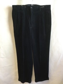 Mens, Casual Pants, BANANA REPUBLIC, Black, Cotton, Elastane, Solid, 36/31, Black Corduroy, 1.5" Waistband with Belt Hoops, 2 Pleat Front, Zip Front, 4 Pockets, with Cuff
