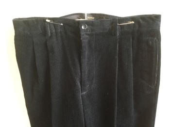 Mens, Casual Pants, BANANA REPUBLIC, Black, Cotton, Elastane, Solid, 36/31, Black Corduroy, 1.5" Waistband with Belt Hoops, 2 Pleat Front, Zip Front, 4 Pockets, with Cuff