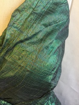 Womens, Cocktail Dress, AIDAN MATTOX, Iridescent Green, Gold, Teal Green, Polyester, Acetate, Abstract , 2, Sheer, Black Lining, Crushed Overlap V-neck, Black Thin Spaghetti Straps, Gathered Skirt, Zip Back,