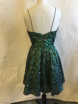 Womens, Cocktail Dress, AIDAN MATTOX, Iridescent Green, Gold, Teal Green, Polyester, Acetate, Abstract , 2, Sheer, Black Lining, Crushed Overlap V-neck, Black Thin Spaghetti Straps, Gathered Skirt, Zip Back,