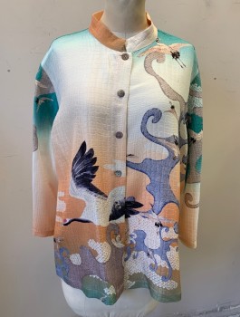 CITRON, Multi-color, White, Peach Orange, Lt Blue, Silk, Novelty Pattern, Flying Birds and Swirls Pattern, Snakeskin Texture to Fabric, 3/4 Sleeves, Button Front, Band Collar, Boxy Shape, Southeast Asian Inspired, **Stains at Back Shoulder