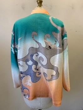 CITRON, Multi-color, White, Peach Orange, Lt Blue, Silk, Novelty Pattern, Flying Birds and Swirls Pattern, Snakeskin Texture to Fabric, 3/4 Sleeves, Button Front, Band Collar, Boxy Shape, Southeast Asian Inspired, **Stains at Back Shoulder
