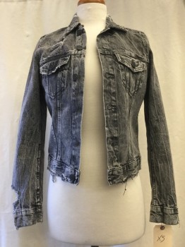 Womens, Jean Jacket, NO LABEL, Dk Gray, Cotton, Solid, XS, Button Front, Collar Attached, 2 Pockets, Distressed