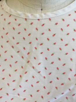 N/L, Lt Pink, Red, Green, Pink, Polyester, Cotton, Novelty Pattern, Very Light Pink with Small Strawberries Print, Solid White Trim Round Neck,  2 White Ties Back, Raglan Short Sleeves,