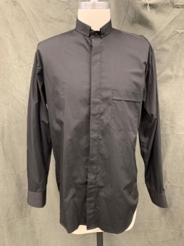 Unisex, Shirt, CHURCH WEAR, Black, Poly/Cotton, Solid, 38, 15, Button Front with Hidden Placket, Long Sleeves, Collar Attached Tacked Down, 1 Pocket, Priest, Clergy