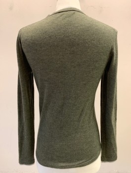 BARNEY'S NEW YORK, Olive Green, Gray, Cashmere, Solid, Dusty Olive, Knit, Long Sleeves, Gray Panel at Crew Neck and Cuffs