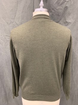 ALFANI, Moss Green, Wool, Solid, Polo-Style, Collar Attached, 3 Button Placket, Ribbed Knit Cuff/Waistband