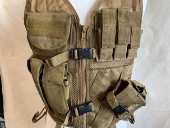 Mens, Vest, MIL-TEC, Brown, Khaki Brown, Polyester, Leather, Solid, O/S, (MULTIPLE) (Aged/distressed) Khaki Perforated with Velcro Shoulder, 2 Metal D-ring, Leather with Vertical Seams, and Pouches, Zip Front with 2 Adjustable Straps & Black Buckle Front, 3 Side Straps W/buckle (both Side)