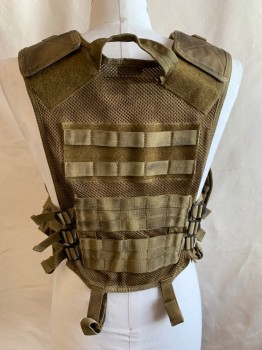 MIL-TEC, Brown, Khaki Brown, Polyester, Leather, Solid, (MULTIPLE) (Aged/distressed) Khaki Perforated with Velcro Shoulder, 2 Metal D-ring, Leather with Vertical Seams, and Pouches, Zip Front with 2 Adjustable Straps & Black Buckle Front, 3 Side Straps W/buckle (both Side)