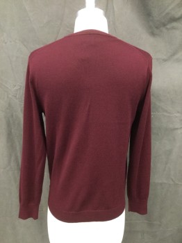 Mens, Pullover Sweater, J. CREW, Red Burgundy, Wool, Solid, S, Ribbed Knit V-neck, Long Sleeves, Ribbed Knit Cuff/Waistband