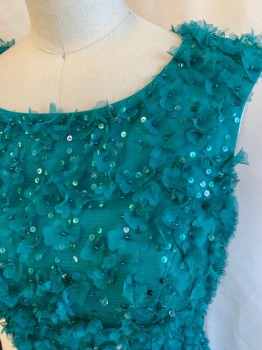 Womens, Cocktail Dress, BASIX BLACK LABEL, Teal Blue, Polyester, Solid, Floral, 0, Sleeveless, Back Zipper, Invisible Zipper, Bateau/Boat Neck, Back Slit, All Over Organza Flowers with Sequins