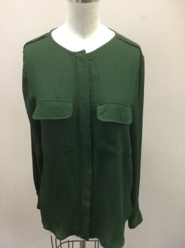 Womens, Blouse, H&M, Forest Green, Polyester, Solid, 6, Sheer Gauzy Chiffon, Long Sleeves, Hidden Button Placket at Front, Round Neck (No Collar), 2 Flap Pockets