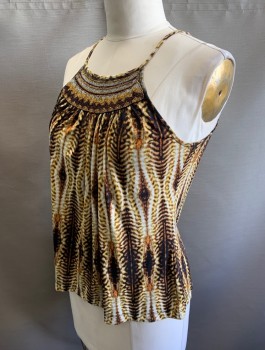 Womens, Top, WORTHINGTON, Ecru, Tan Brown, Brown, Yellow, Black, Polyester, Spandex, Abstract , L, Stretchy Material, Seed Beaded Panel at Center Front, Spaghetti Straps