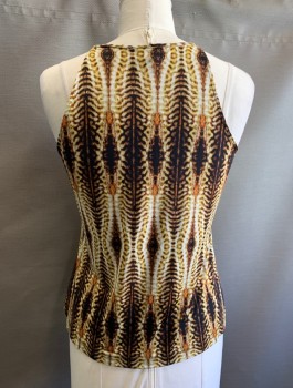 Womens, Top, WORTHINGTON, Ecru, Tan Brown, Brown, Yellow, Black, Polyester, Spandex, Abstract , L, Stretchy Material, Seed Beaded Panel at Center Front, Spaghetti Straps