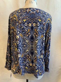 Womens, Top, LIZ CLAIBORNE, Navy Blue, Yellow, Orange, White, Beige, Polyester, Paisley/Swirls, Floral, 1X, V-neck, 3 Gold Button Loop, Long Sleeves, Button Cuff