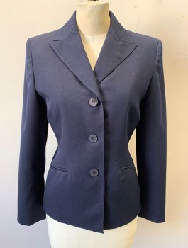 ANNE KLEIN, Navy Blue, Polyester, Rayon, Solid, Single Breasted, 3 Buttons,  Peaked Lapel, 2 Welt Pockets, Padded Shoulders