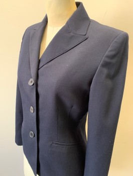 Womens, Suit, Jacket, ANNE KLEIN, Navy Blue, Polyester, Rayon, Solid, B: 32, 2, W: 30, Single Breasted, 3 Buttons,  Peaked Lapel, 2 Welt Pockets, Padded Shoulders