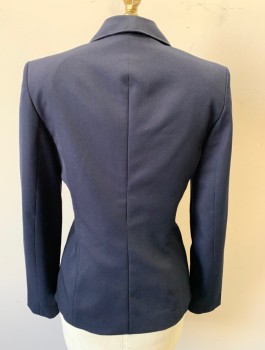 ANNE KLEIN, Navy Blue, Polyester, Rayon, Solid, Single Breasted, 3 Buttons,  Peaked Lapel, 2 Welt Pockets, Padded Shoulders