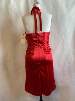 Womens, Cocktail Dress, JESSICA MCLINTOCK, Red, Polyester, Spandex, Solid, 8, Gathered Plunge V-neck, Self Tie Halter, Self Waist Band, Gathered Back Detail