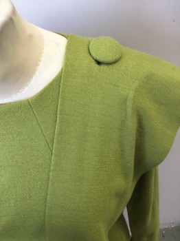 LILLI DIAMOND, Chartreuse Green, Wool, Solid, L/S,  Zip Back, 1 Self Fabric Button on Left Shoulder for Self Scarf with 4 Fur Tails *Small Brown Stains on Right Sleeve