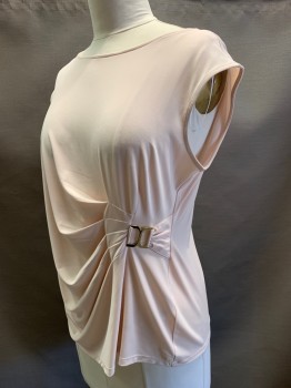 Womens, Blouse, Calvin Klein, Blush Pink, Polyester, Spandex, Solid, Xl, S/S, Wide Neck, Side Pleat with Gold Buckle,