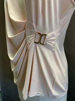 Womens, Blouse, Calvin Klein, Blush Pink, Polyester, Spandex, Solid, Xl, S/S, Wide Neck, Side Pleat with Gold Buckle,