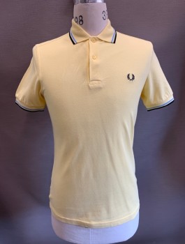 FRED PERRY, Lt Yellow, Cotton, Solid, Pique Jersey, Baby Blue & Navy Stripes at Sleeves and Collar Attached, 2 Button Placket, Navy Laurel Leaves Logo Embroidered on Chest