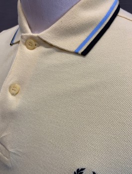 FRED PERRY, Lt Yellow, Cotton, Solid, Pique Jersey, Baby Blue & Navy Stripes at Sleeves and Collar Attached, 2 Button Placket, Navy Laurel Leaves Logo Embroidered on Chest