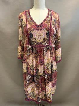 Womens, Dress, Long & 3/4 Sleeve, NEW DIRECTIONS, Red Burgundy, White, Pink, Black, Yellow, Polyester, Floral, Paisley/Swirls, XL, Sheer Dress, Burgundy Solid Slip Attached, V-neck, Burgundy Crochet Trim, Pleated Skirt, Long Sleeves, Bell Sleeves, Hem at Knee