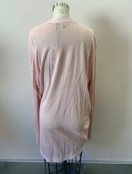 Womens, Sweater, THEORY, Blush Pink, Linen, Viscose, Solid, M, Shawl Lapel, Open Front, Slightly Sheer