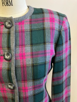 PETITE SOPHISTICATE, Gray, Hot Pink, Dk Green, Yellow, Rayon, Wool, Plaid, CN, B.F., L/S, 2 Pckts, Padded Shoulders